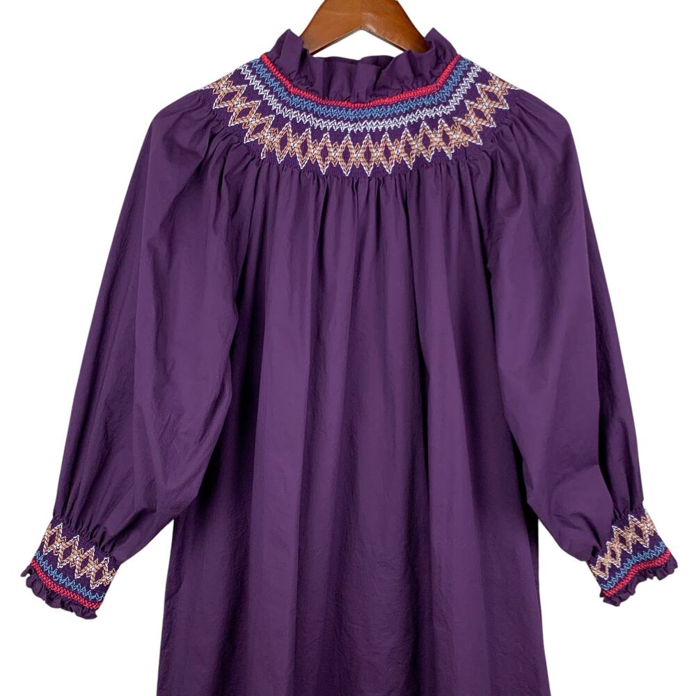 Pomander Place Wrenley Dress Purple Smocked Mini Long Sleeve Women's L - Picture 2 of 11